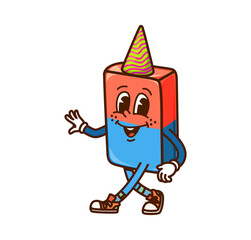 Cartoon groovy school stationery character with funny face, vector eraser. Groovy school stationery eraser character in birthday hat or party cap with funky smile as retro cartoon personage