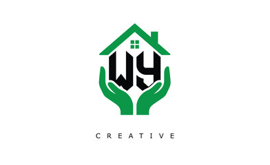 WY Home Care Logo - Green House and Hand Symbol for Real Estate, Eco Housing & Modern Branding
