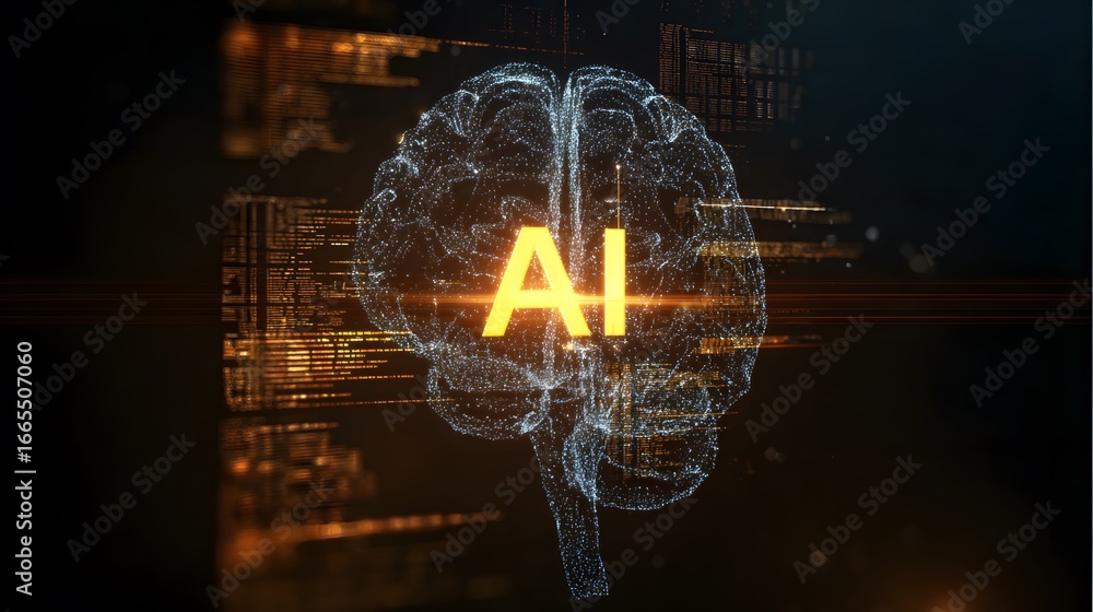 Poster luminous particle network forming a digital brain with a glowing golden ai acronym at its core.