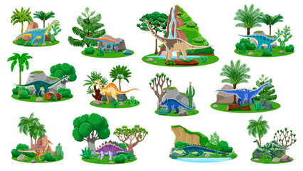 Jurassic dinosaurs and dino animals cartoon characters. Cute prehistoric animals vector personages at jungle nature landscape with mountains and trees. Prehistoric iguanodon and sarcosuchus dinosaurs
