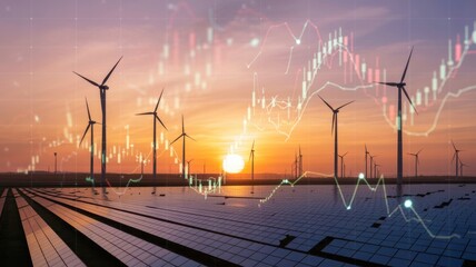 Wind turbines and solar panels at sunset, symbolizing renewable energy, with stock market graphs overlaid, representing investment and sustainable growth