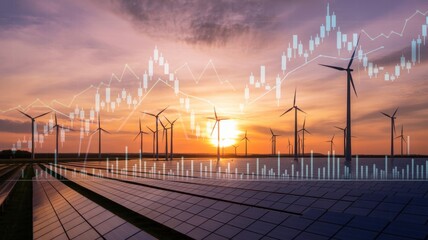 Wind turbines and solar panels under a vibrant sunset, symbolizing renewable energy growth with overlaid stock market charts and financial trends