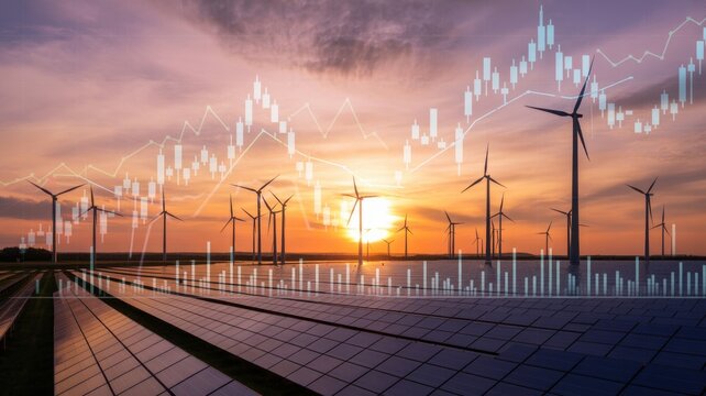 Wind turbines and solar panels under a vibrant sunset, symbolizing renewable energy growth with overlaid stock market charts and financial trends