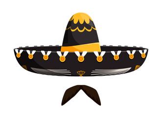 Mexican sombrero or mariachi hat with cartoon mustaches for Mexico fiesta, vector icon. Mexican symbol of traditional sombrero hat with mustaches and Latin ornament for Mexico culture and tradition
