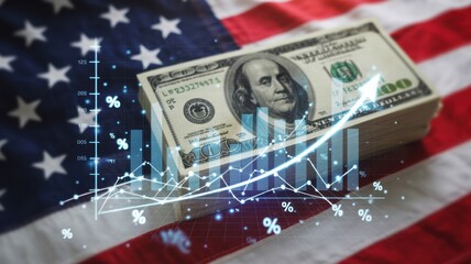 Economic growth and financial success concept with dollar bills on the american flag and a rising graph, symbolizing investment and prosperity