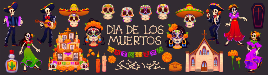 Day of the dead holiday characters, dia de los Mexican personages. Festive set celebrating death with dancing skeletons, sugar skulls, marigolds, candles, ofrendas, papel picado and traditional attire