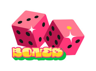 Roll bones or dices casino gamble Y2K groovy sticker. Gambling game retro vector label, casino luck Y2K sticker. Vegas jackpot groovy tag or patch with pink playing dices and golden typography
