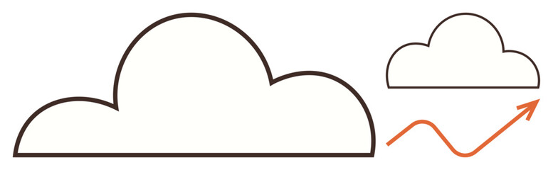 Large cloud with smaller cloud and upward orange arrow showing growth, scalability, innovation. Ideal for technology, data, cloud computing, growth, progress development strategy. Simple flat