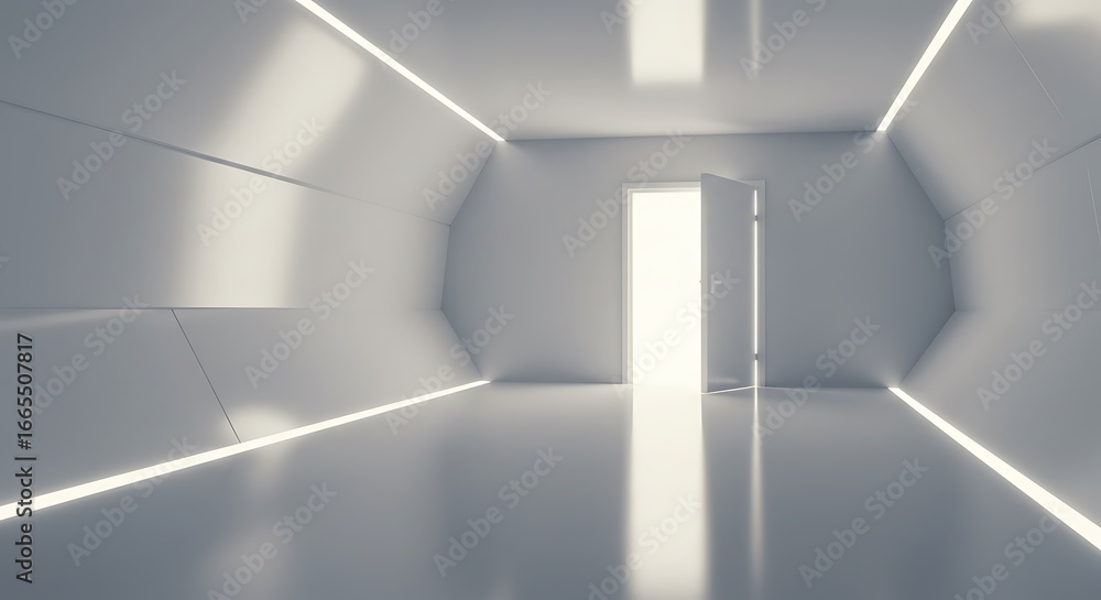 Poster this image depicts a spacious, futuristic corridor leading to an illuminated open door, symbolizing 