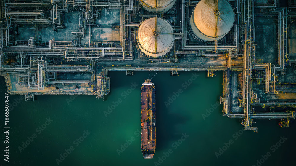 Poster aerial view of industrial facility featuring large storage tanks and cargo ship docked nearby, highl