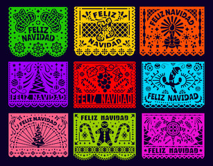 Feliz Navidad New Year mexican paper cut papel picado garland pennant flags. Feliz Navidad mexican bright color bunting flags with paper cut Christmas trees, snowflakes, candles and pinata pattern