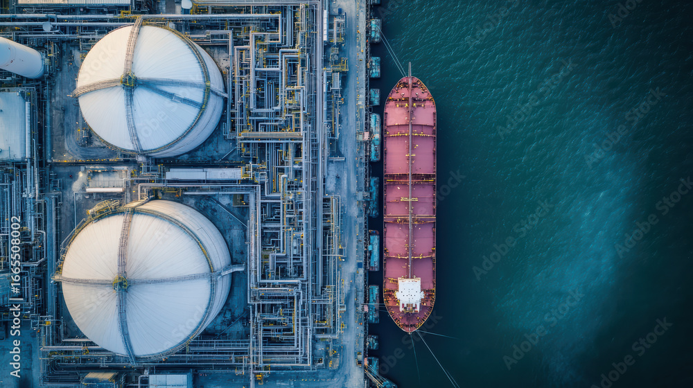 Poster aerial view of industrial facility featuring large storage tanks and cargo ship docked nearby, highl