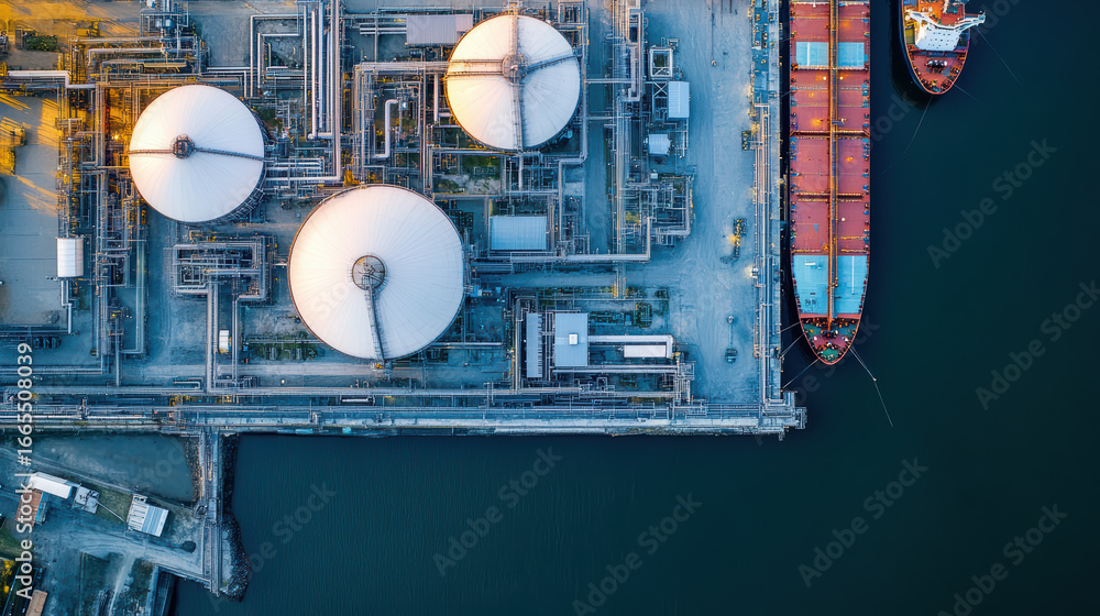 Poster aerial view of industrial facility featuring large storage tanks and cargo ship docked port. scene c