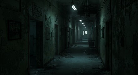 An eerie haunted look down the dimly lit passage of a dilapidated mental asylum with rooms and signs