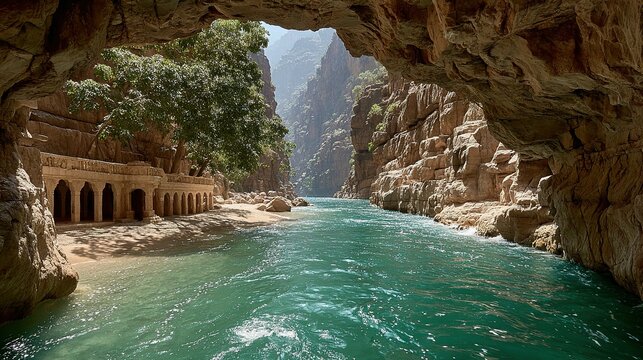 River flows through a canyon with rocky cliffs and vegetation seen from cave.