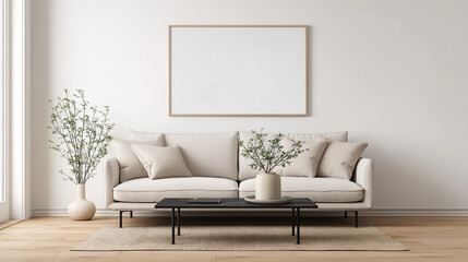 Cozy living room with a sofa, plants, art, and table. Ideal for interior design blogs, home decor magazines, and social media posts.