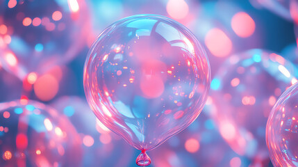A vibrant close-up of colorful balloons shimmering with lights, creating a joyful and festive atmosphere.