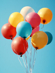 A vibrant collection of colorful balloons against a clear blue sky, perfect for celebrations and joyful moments.