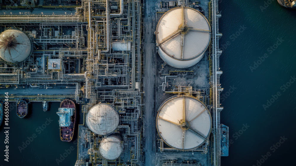 Poster aerial perspective of large industrial facility featuring storage tanks and pipelines, showcasing co
