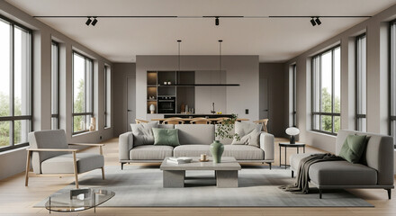 Modern Living Room Interior with Neutral Tones, Furniture, and Natural Light.