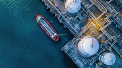 Aerial view of busy oil refinery with large storage tanks and cargo ship docked nearby, showcasing industrial activity and infrastructure in coastal setting