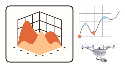 Drone capturing data for 3D terrain mapping, supported by graphs and analytics. Ideal for technology, innovation, data analysis, research, automation, mapping remote sensing. Simple flat metaphor
