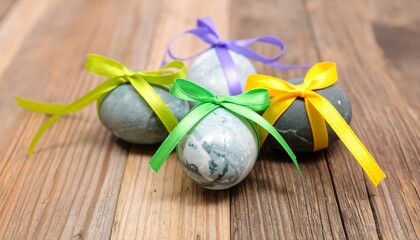 Colorful Easter eggs on a rustic wooden surface