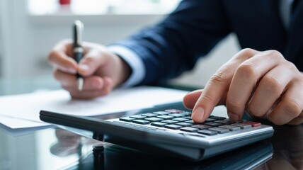 Closeup of a businessman using a calculator to analyze financial data and manage company finances, focusing on accounting and investment strategies