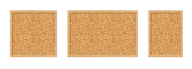 Cork boards, vector set of empty corkboards with wooden frames. Office pinboards with realistic texture for notes, memos or decoration. Information display, home organization, reminders and planning