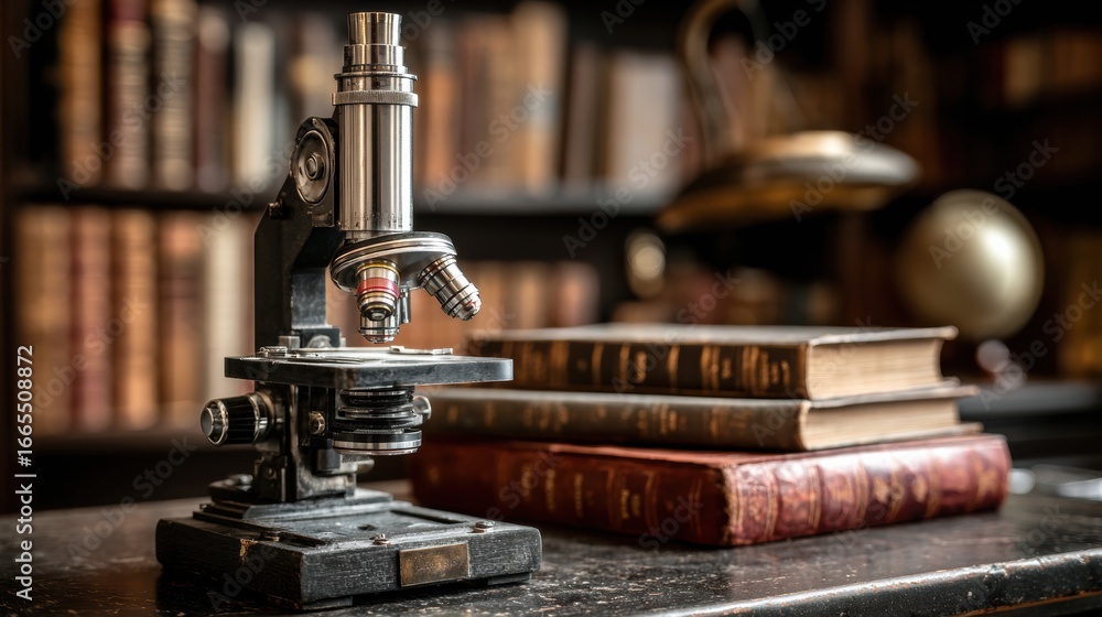 Poster vintage microscope resting on a wooden table beside old books in a library setting illuminated by so
