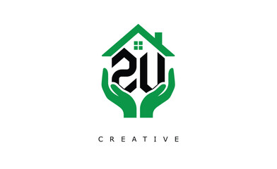 ZU Home Care Logo - Green House and Hand Symbol for Real Estate, Eco Housing & Modern Branding