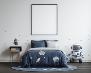 Kids bedroom with spacethemed decor perfect for children's interior design inspiration, posters, educational materials, or parenting blogs and magazines.
