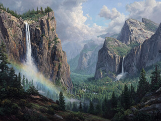 Bridalveil Fall Yosemite, dramatic granite cliffs, rainbow mist, springtime scenery