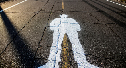 White Painted Human Silhouette on Cracked Asphalt Road