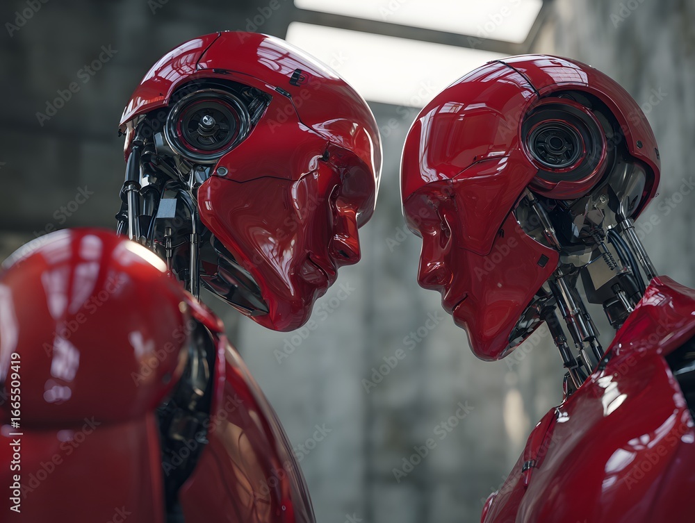 Poster a pair of shiny red androids with exposed mechanical necks and heads facing each other intimately.