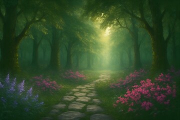 Obraz premium Enchanted forest path with stone walkway bathed in mystical sunlight and surrounded by vibrant flowers