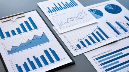 Business data charts and graphs on documents, including bar, line, and pie charts for finance and marketing analysis and reporting