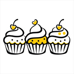 Six hand drawn cupcakes with frosting and sprinkles