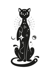 Black cat with magic mystic ornament for esoteric witch animal, vector Boho art icon. Black cat with astrology celestial symbols, occult and witchcraft signs for mystery or alchemy and esoteric animal