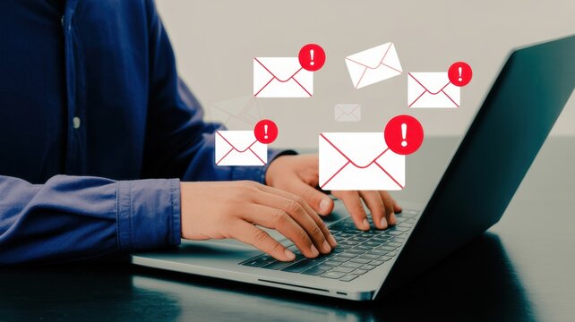 A person is typing on a laptop with email notifications popping up, indicating unread messages and potential spam or important alerts