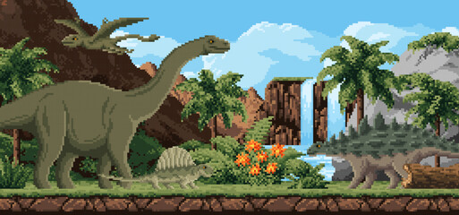 8bit pixel art prehistoric giant dinosaurs in Jurassic jungle landscape, vector background. Prehistoric dinosaurs, lizard reptiles and pterodactyl with waterfall lake for 8 bit pixel game landscape