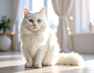 Fluffy white cat sits on light floor, sunlit