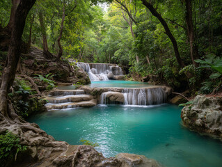 Naklejka premium Erawan Falls Thailand, layered turquoise pools, jungle surroundings, cinematic wide shot