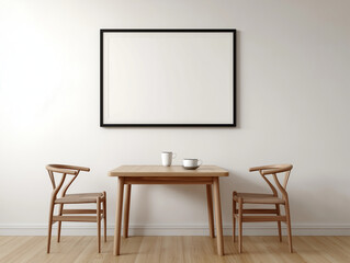 Simple dining setup with furniture and blank frame. Ideal for showcasing dining furniture and decor in a minimalist setting with an empty frame for custom designs or messages.
