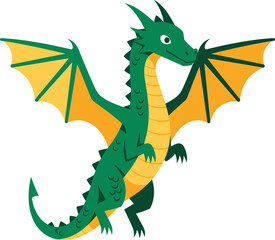 This vibrant illustration showcases a charming green dragon with outstretched golden wings, rendered in a pixel art style.