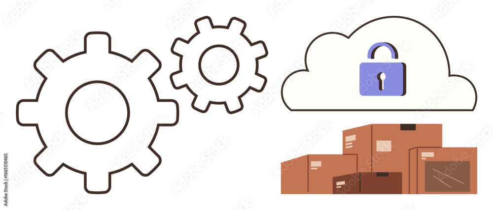 Poster interlocking gears, cloud with lock symbol, stacked packages represent automation, data security, an