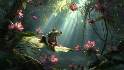 Stunning red-eyed tree frog in lush jungle with vibrant pink flowers