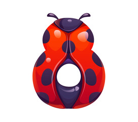 Ladybug insect cartoon font digit 8 eight. Red ladybird alphabet typeface number, spring lady bug vector kids ABC font digit. Cute ladybug beetle typeface numeral symbol or mathematics type figure