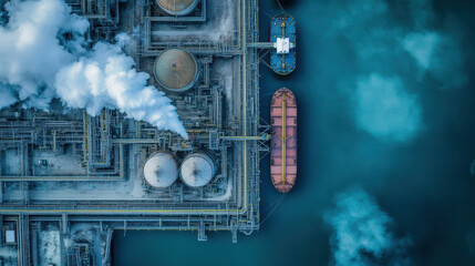 Fototapeta premium Aerial view of oil refinery showcasing large storage tanks and cargo ship docked nearby. scene captures industrial activity with steam rising, reflecting energy sector operations