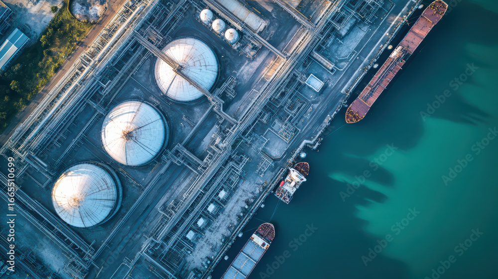 Poster Aerial view of industrial oil refinery featuring large storage tanks and cargo ships docked at port. scene captures intricate network of pipes and structures, evoking sense of scale and complexity